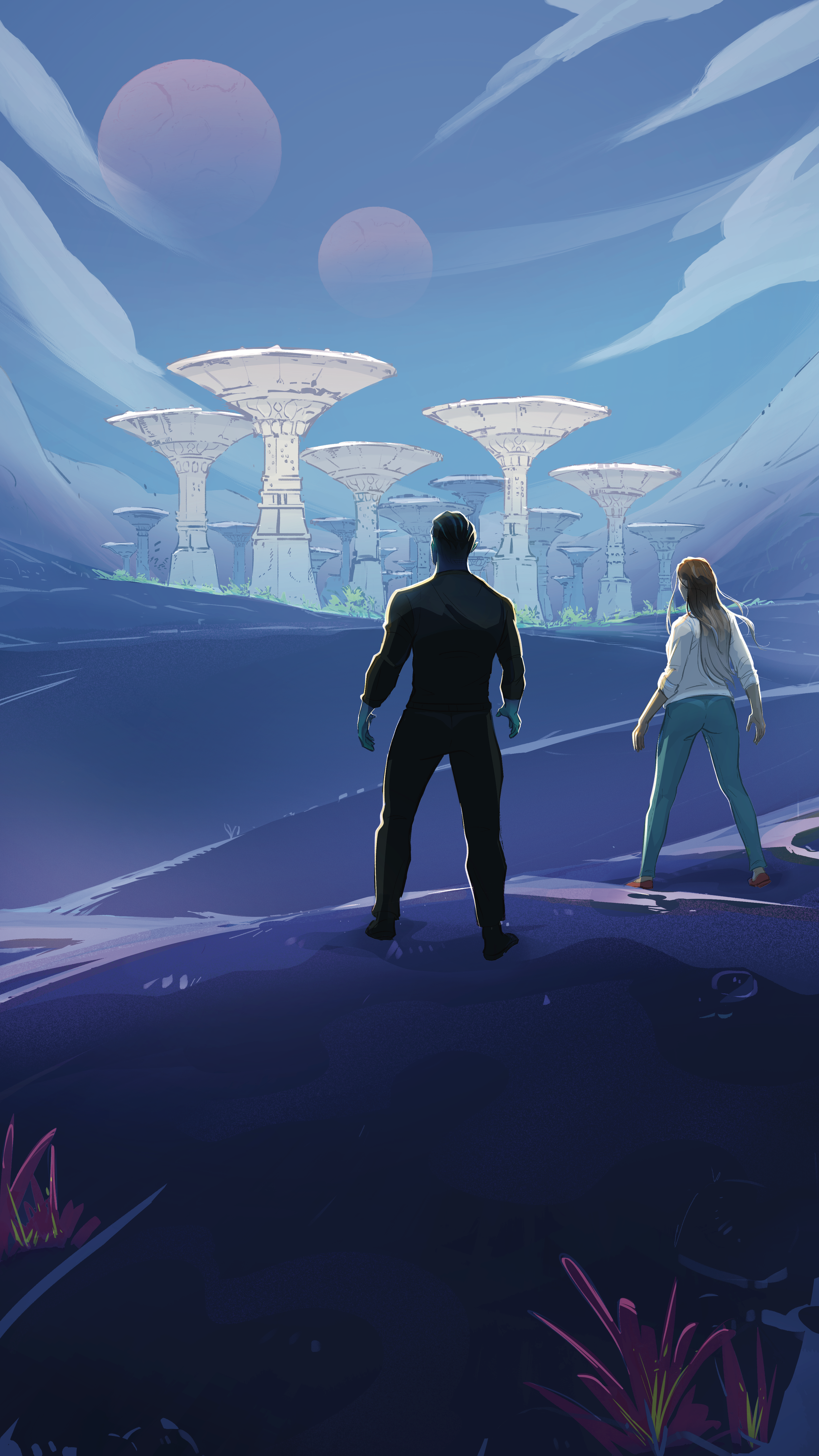 Two people, a man and a woman, standing on a dark hilltop, gazing at a futuristic cityscape with large, floating platforms and two nearby planets in the sky, illuminated by a blue tint. Saving Verakko. Clecania.