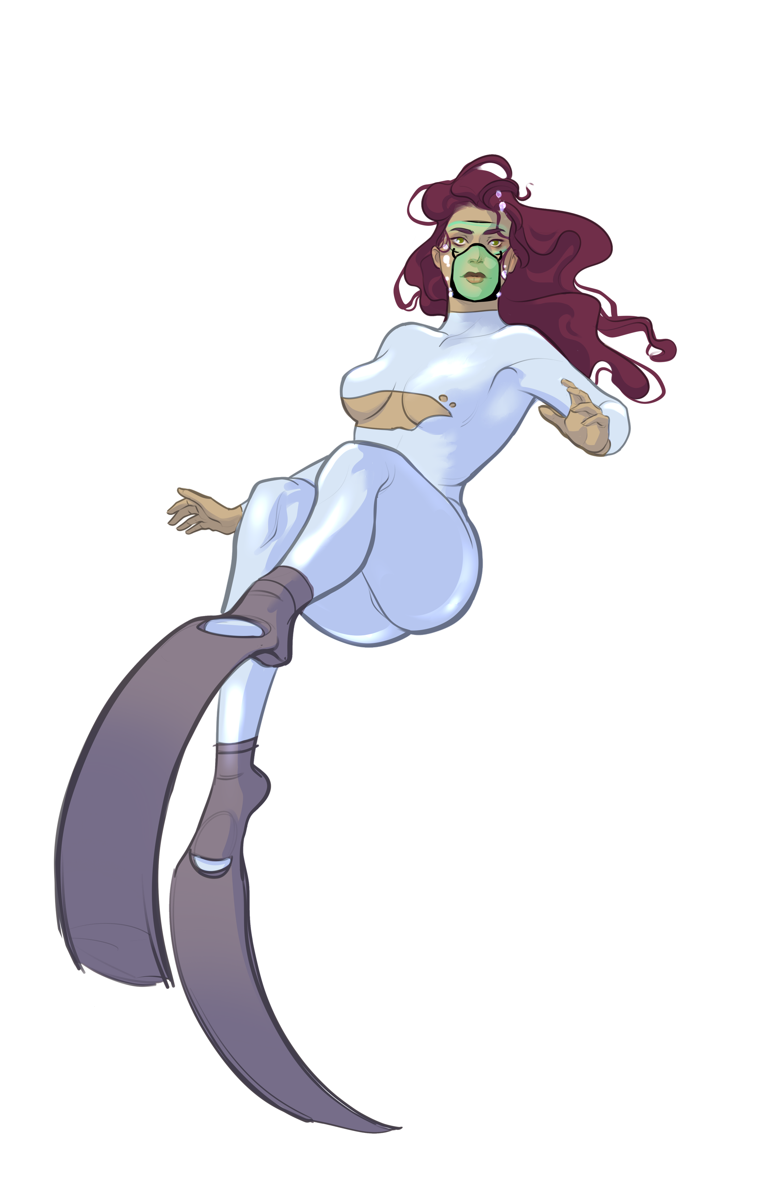 A digital illustration of a woman with purple curly hair, green face paint, and goggles, flying through the air. She is dressed in a white outfit and high-heeled boots, with weapons attached to her arms and legs.