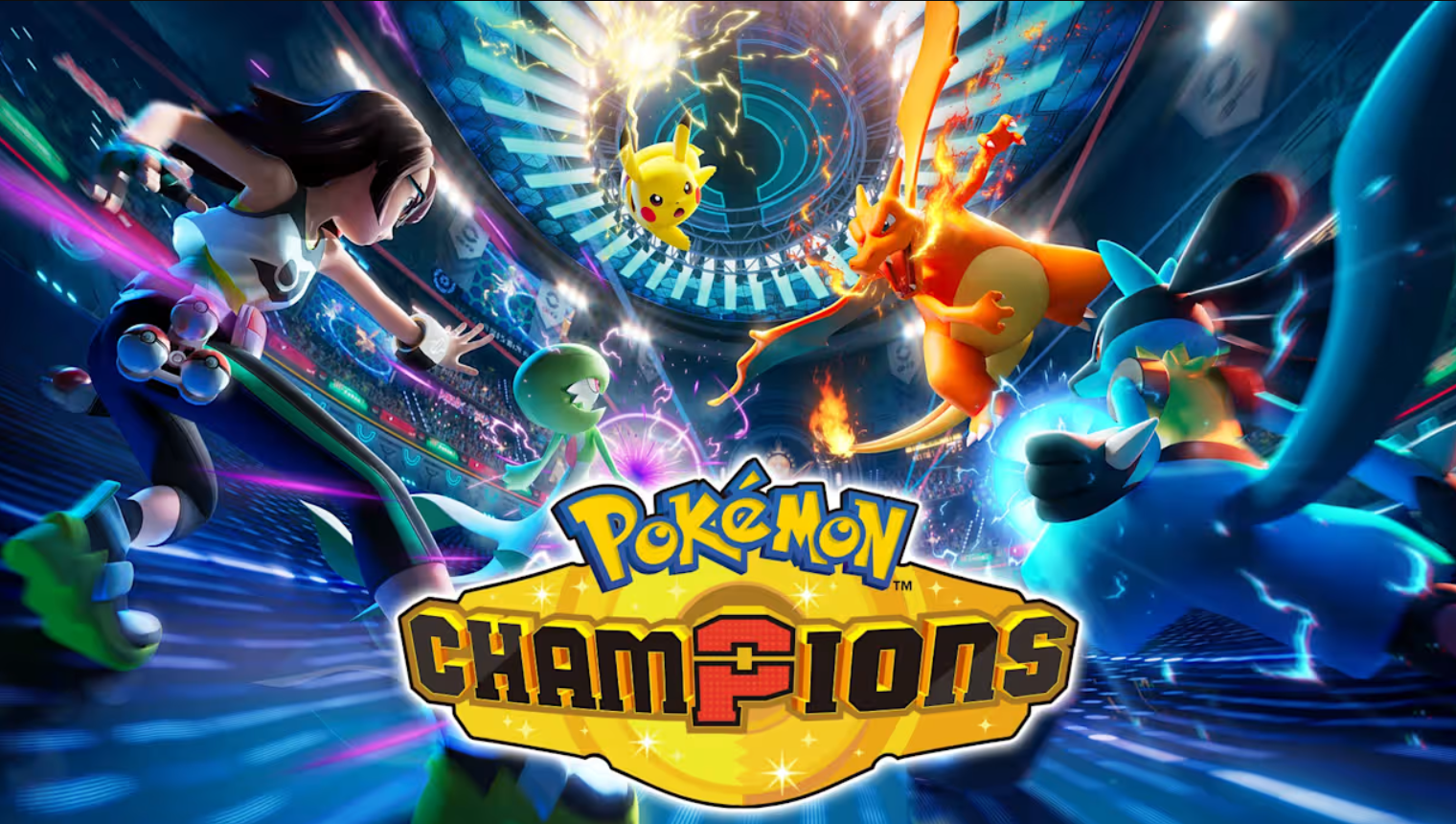 Pokémon Champions video game cover art featuring Pikachu, Charizard, Snorlax, and Lucario in a dynamic battle scene with electric, fire, and energy effects.