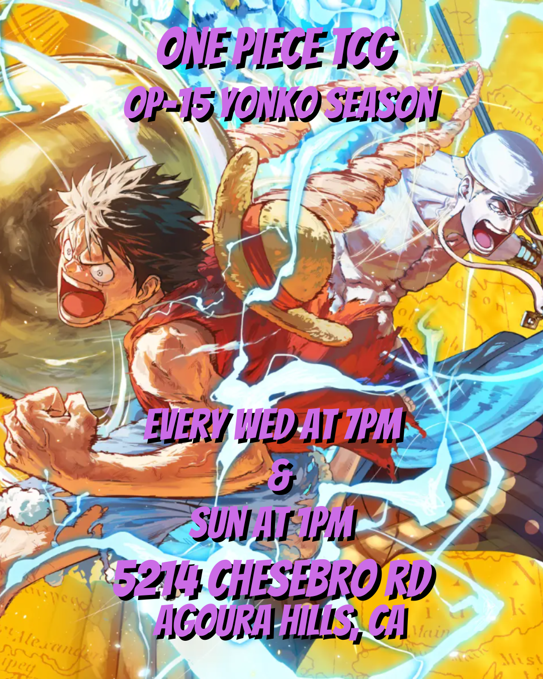 Anime-style illustration of Luffy and Kid from One Piece engaging in battle with lightning and energy effects, with event details overlaid.