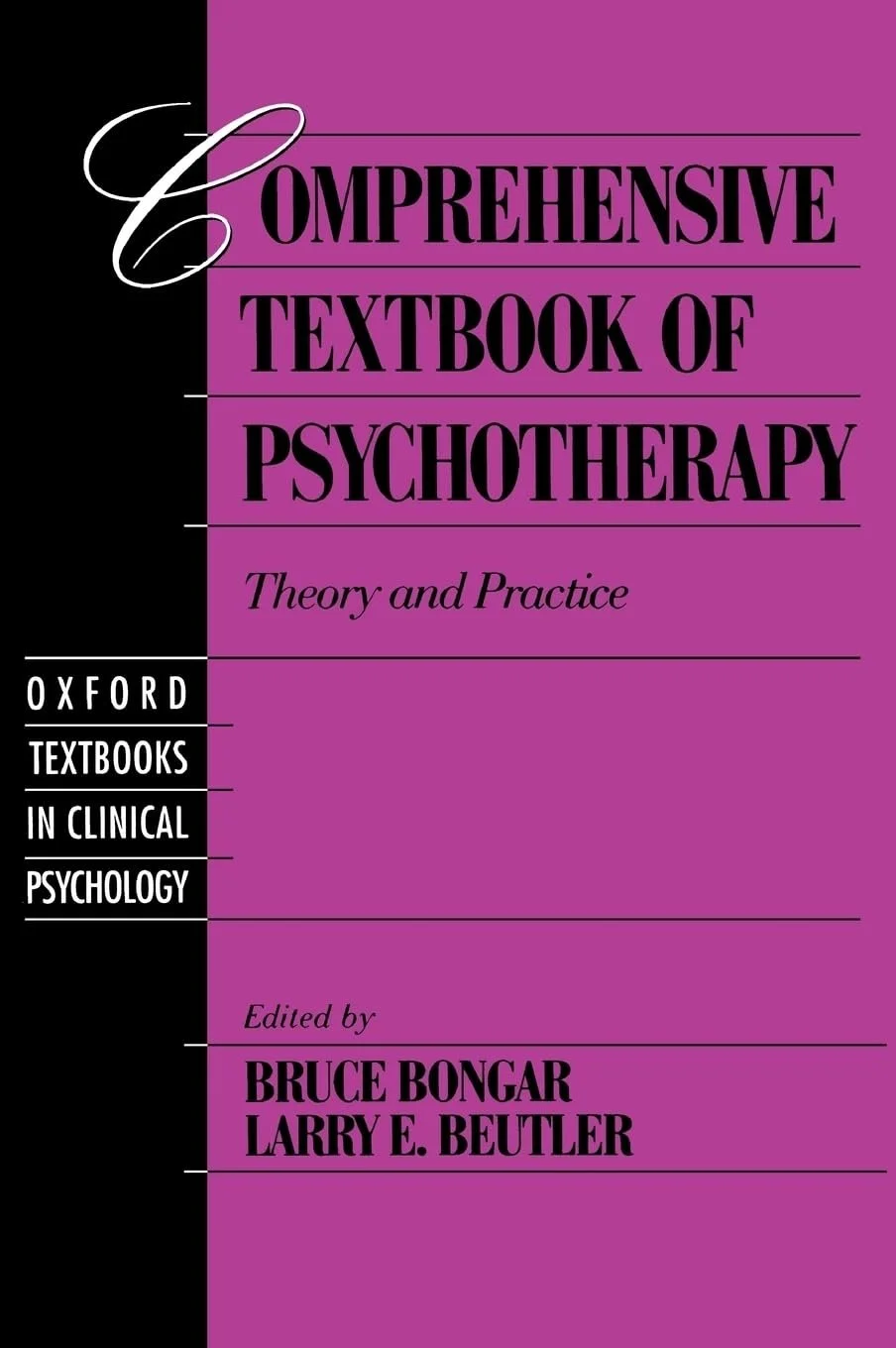 The cover of a book titled 'Comprehensive Textbook of Psychotherapy: Theory and Practice,' edited by Bruce Bongar and Larry E. Beutler, published by Oxford Textbooks in Clinical Psychology. The cover features a purple background with black and white text.