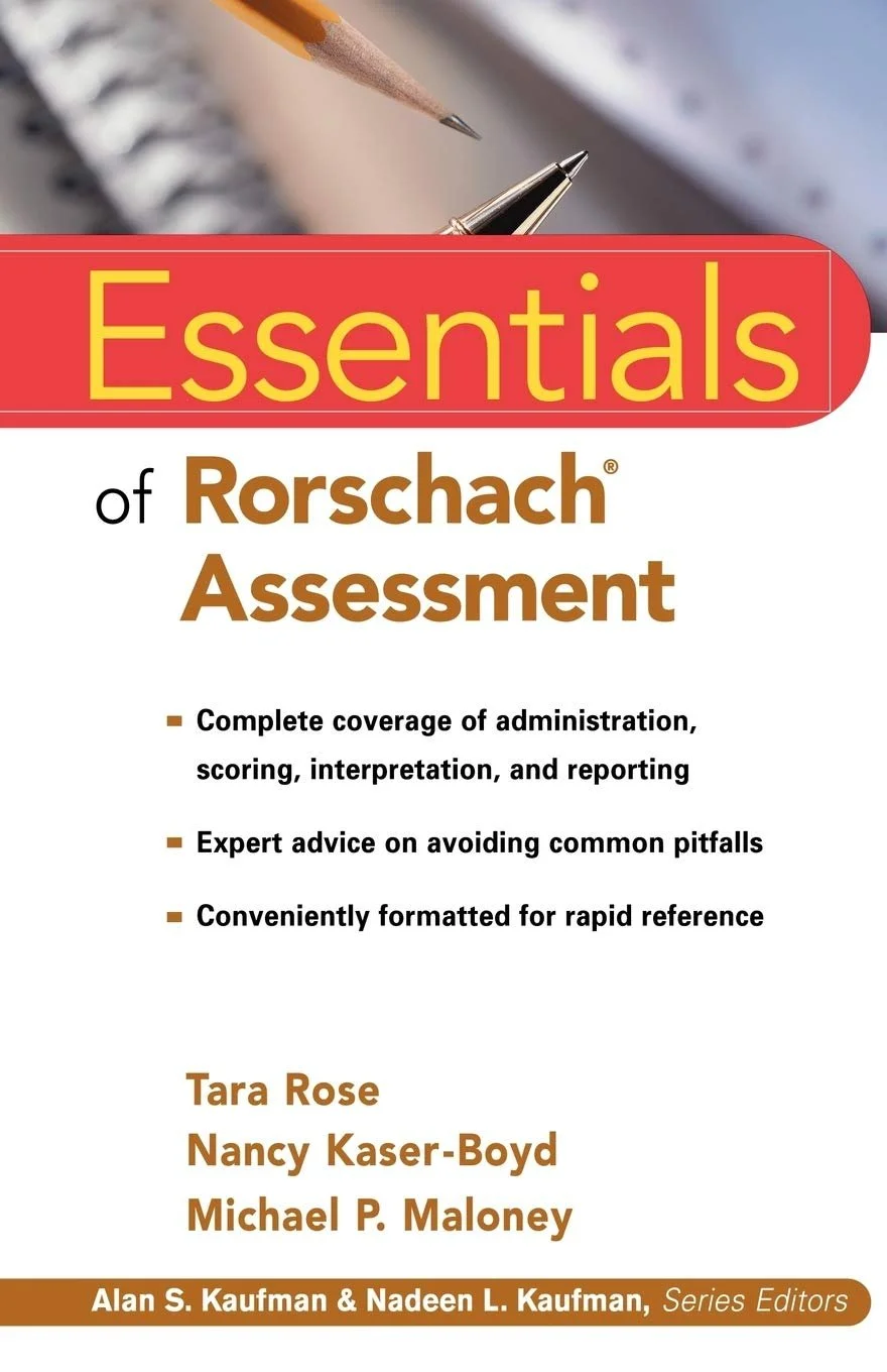Book cover titled 'Essentials of Rorschach Assessment' with a background photo of a pencil and pen on lined paper, and authors Tara Rose, Nancy Kaser-Boyd, and Michael P. Maloney.