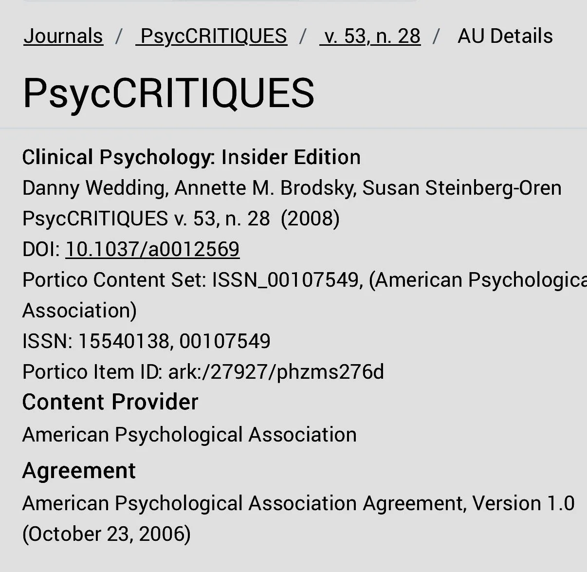 Cover page of a psychology journal titled PsychCRITIQUES, volume 53, number 28, from 2008, with article titled Clinical Psychology: Insider Edition by Danny Wedding, Annette M. Brodsky, and Susan Steinberg-Oren.