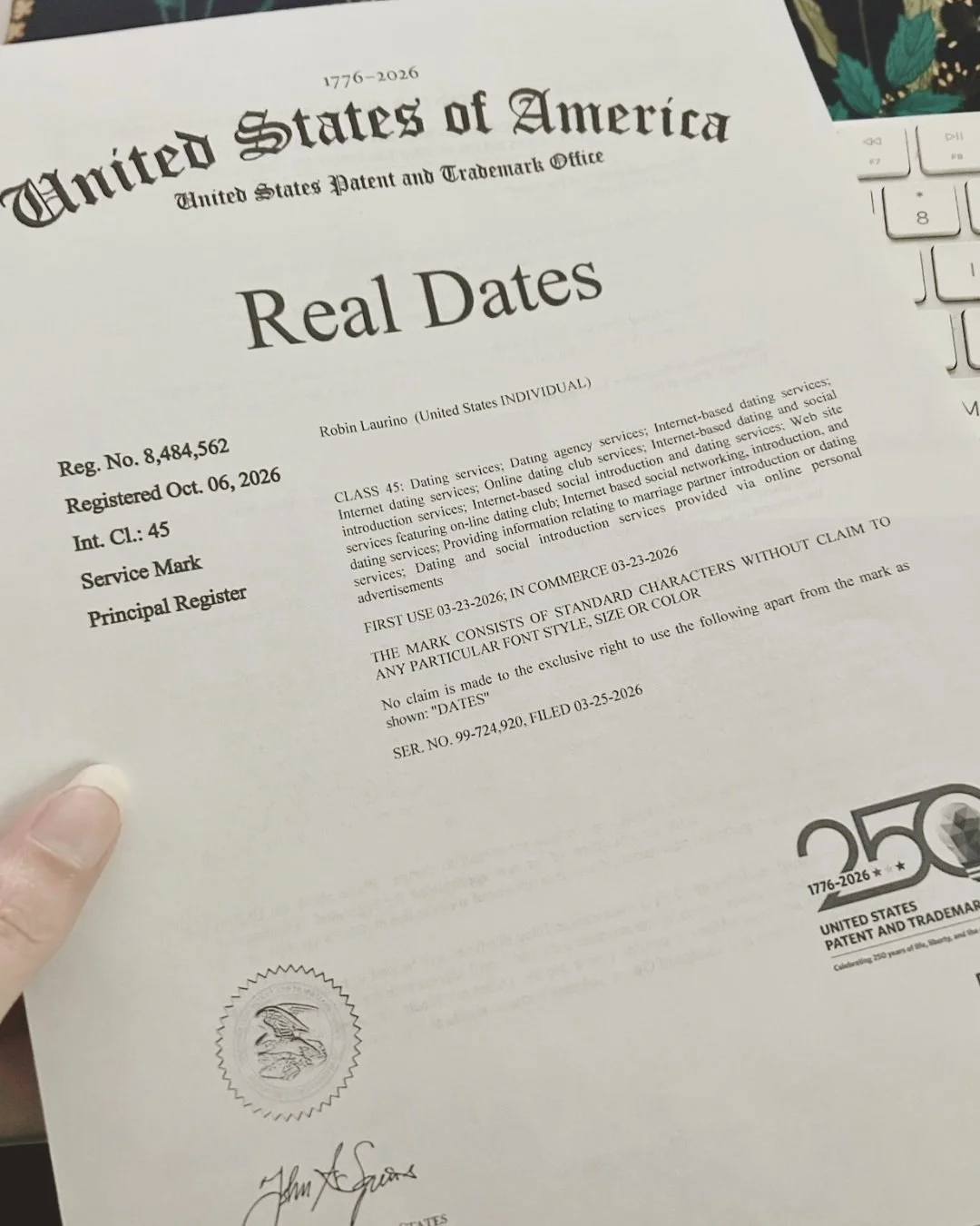 A little &reg;. A big moment ✨

The name REAL DATES&reg; is now officially registered with the United States Patent and Trademark Office.

What began as an idea now has a name we&rsquo;ve built, protected, and made our own. We&rsquo;re excited for ev
