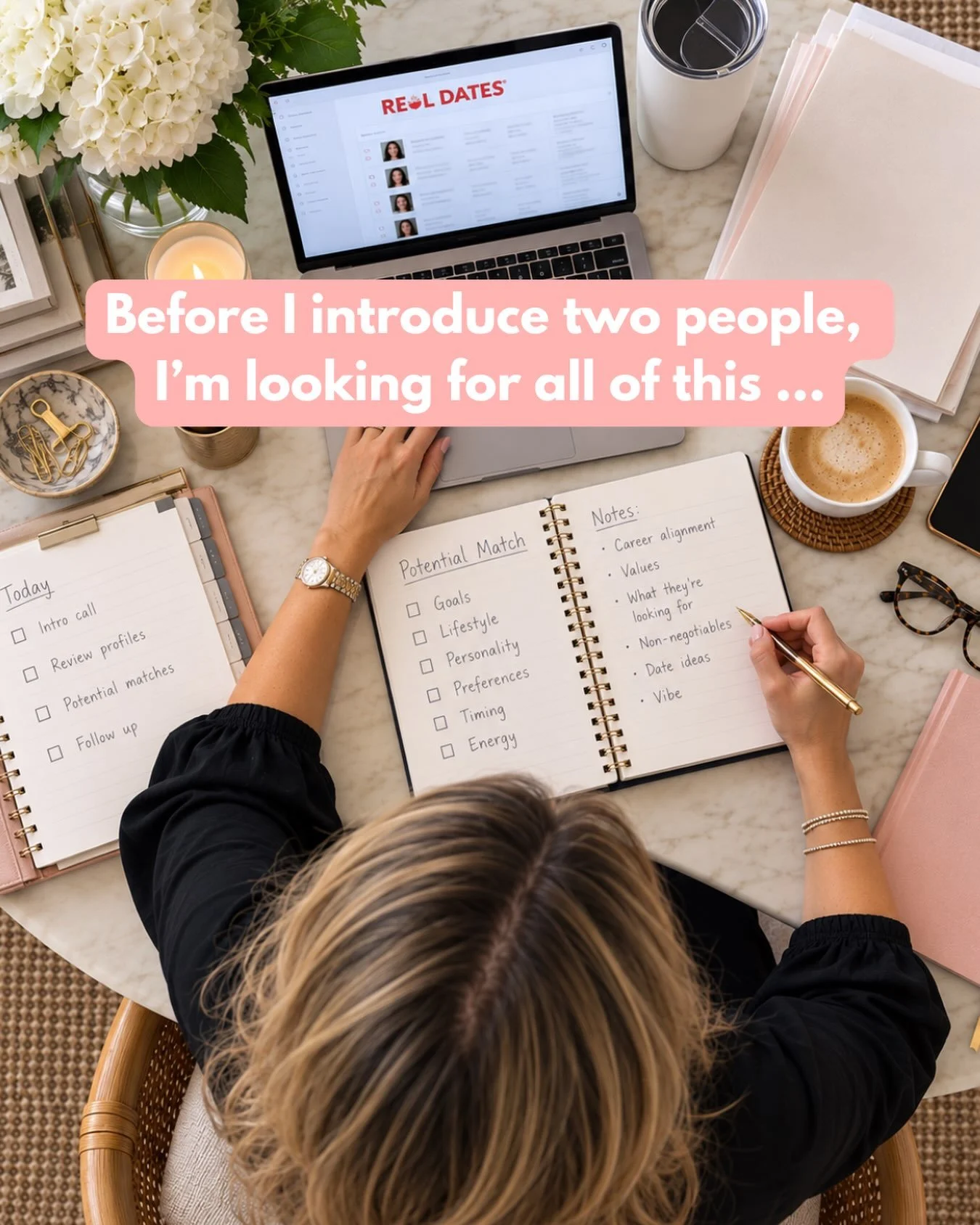 When I&rsquo;m thinking about a potential introduction, I&rsquo;m not just asking whether two people look good on paper.

I&rsquo;m thinking about things like:

Goals.
Lifestyle.
Personality.
Preferences.
Timing.
Energy.

Because two people can check