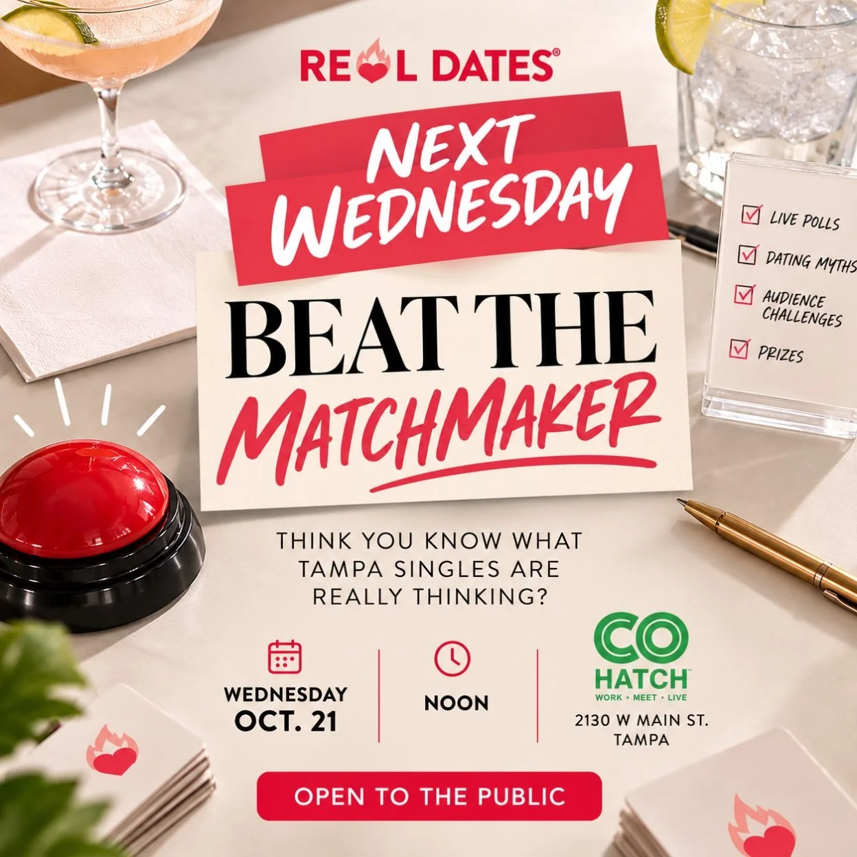 One week to go. 👀

Next Wednesday, I&rsquo;m bringing Beat the Matchmaker to COhatch for a live, interactive look at what Tampa singles are really thinking about dating.

We&rsquo;ll get into dating myths, real opinions, live polls, audience challen