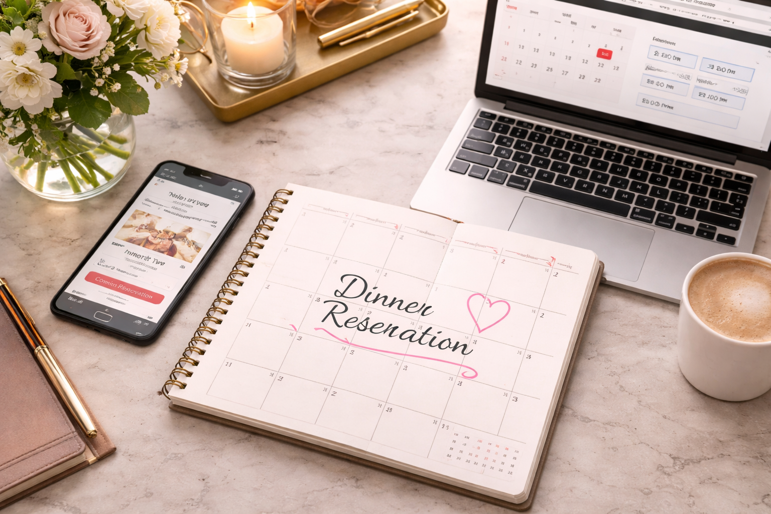 A desk setup with a laptop displaying a calendar, a smartphone with a restaurant reservation app, a dinner reservation planner with a pink heart, a cup of coffee, a vase of flowers, a lit candle, a gold tray, and a pink notebook with a pen on it.