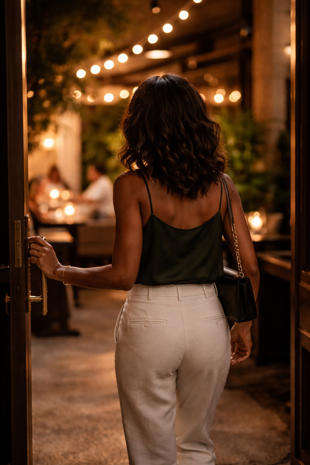 A woman with shoulder-length wavy hair wearing a black spaghetti strap top and white pants walking into a warmly lit outdoor restaurant or patio at night, carrying a black purse with a gold chain.