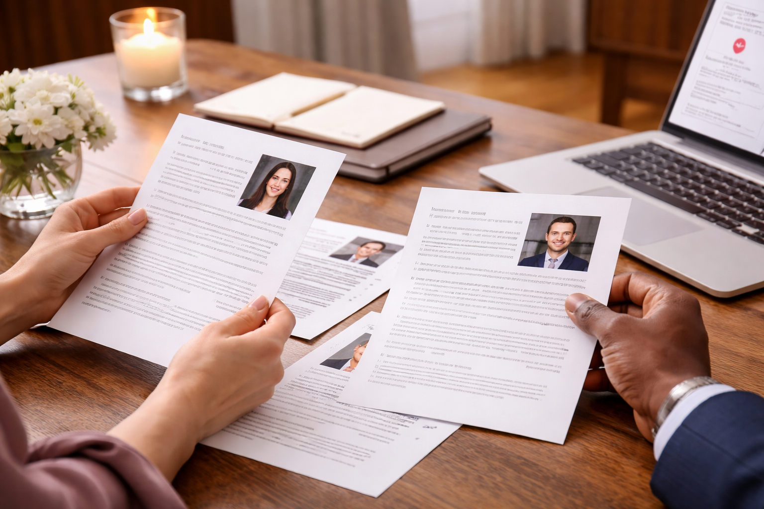 Two people holding dating profiles with photos, sitting at a wooden table with a laptop, a candle, an open notebook, and some documents.
