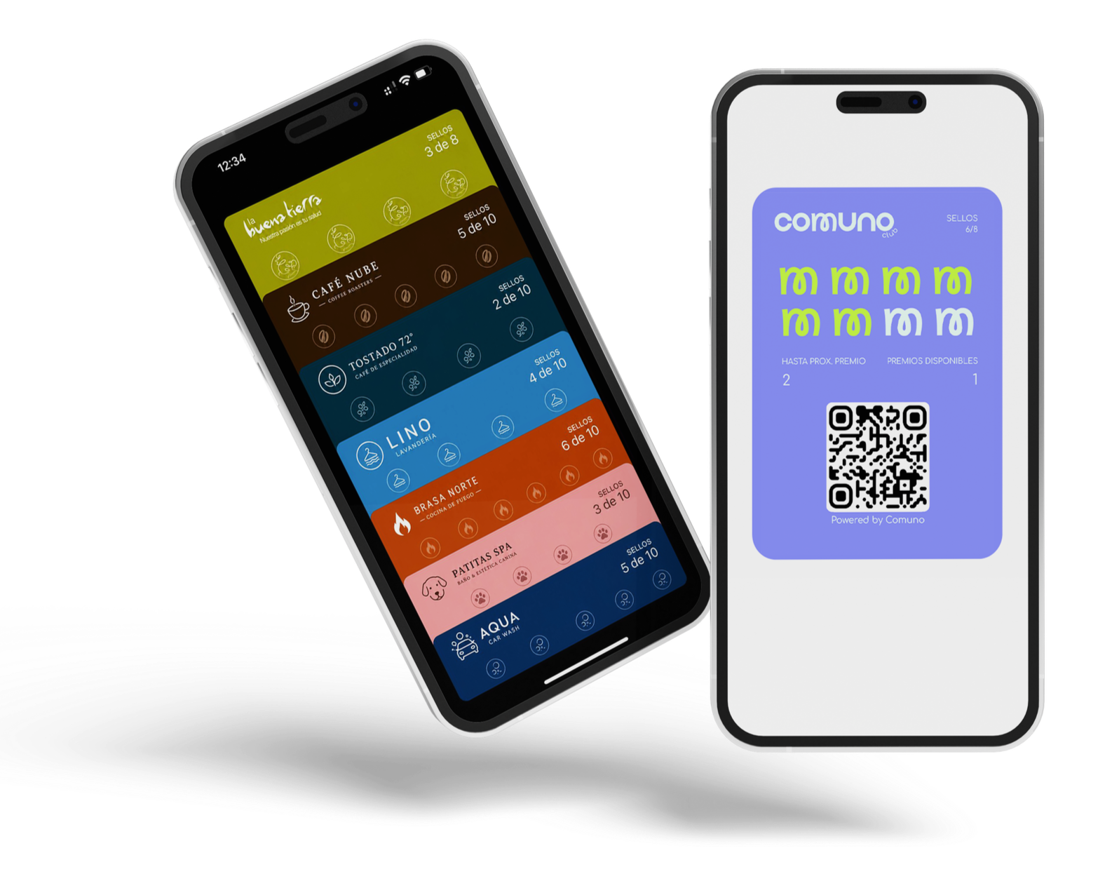 Dos teléfonos inteligentes mostrando una aplicación de fichas digitales, una con una lista de fichas y la otra con un código QR, ambas en un fondo blanco.