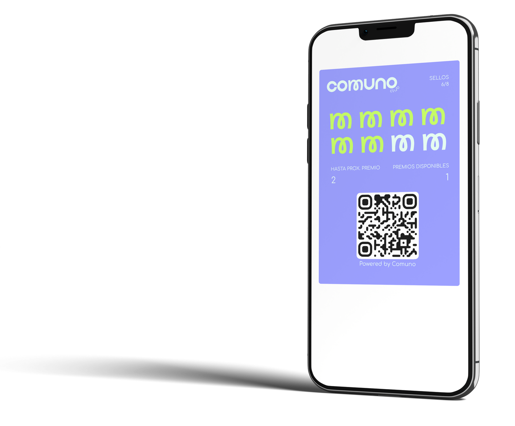 Pantalla de teléfono móvil mostrando una tarjeta digital de Comuno, con códigos QR, información de sellos y premios disponibles, en un fondo azul claro.
