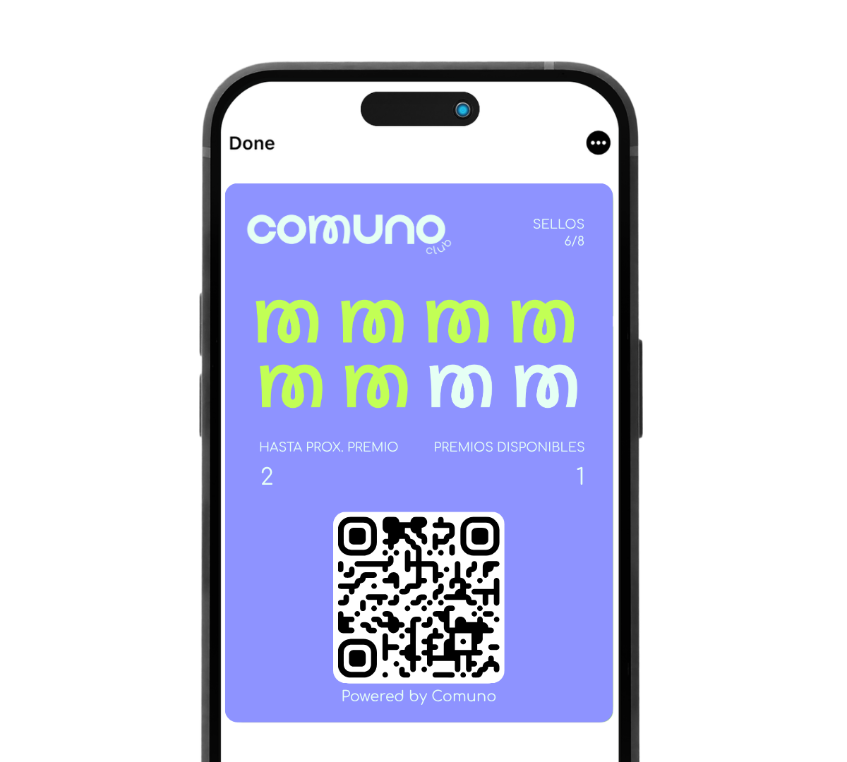 Tarjeta de membresía del club Comuno con logotipo en color azul, tres símbolos en verde y dos en blanco, código QR en el centro, y letras en español que indican premios y sellos.