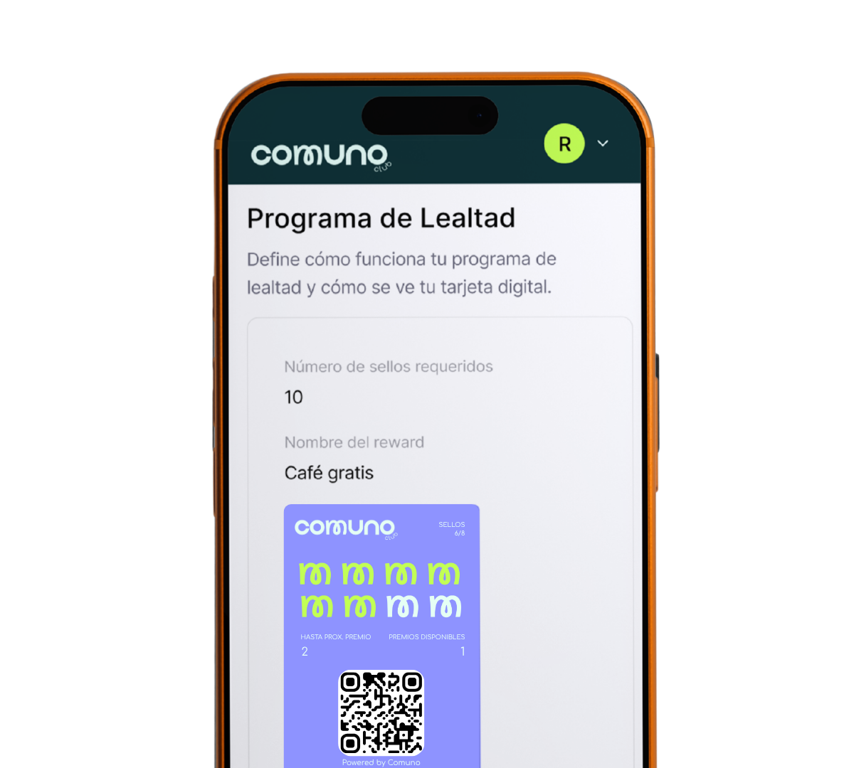 Pantalla de un teléfono móvil mostrando un programa de lealtad con una tarjeta digital y un código QR