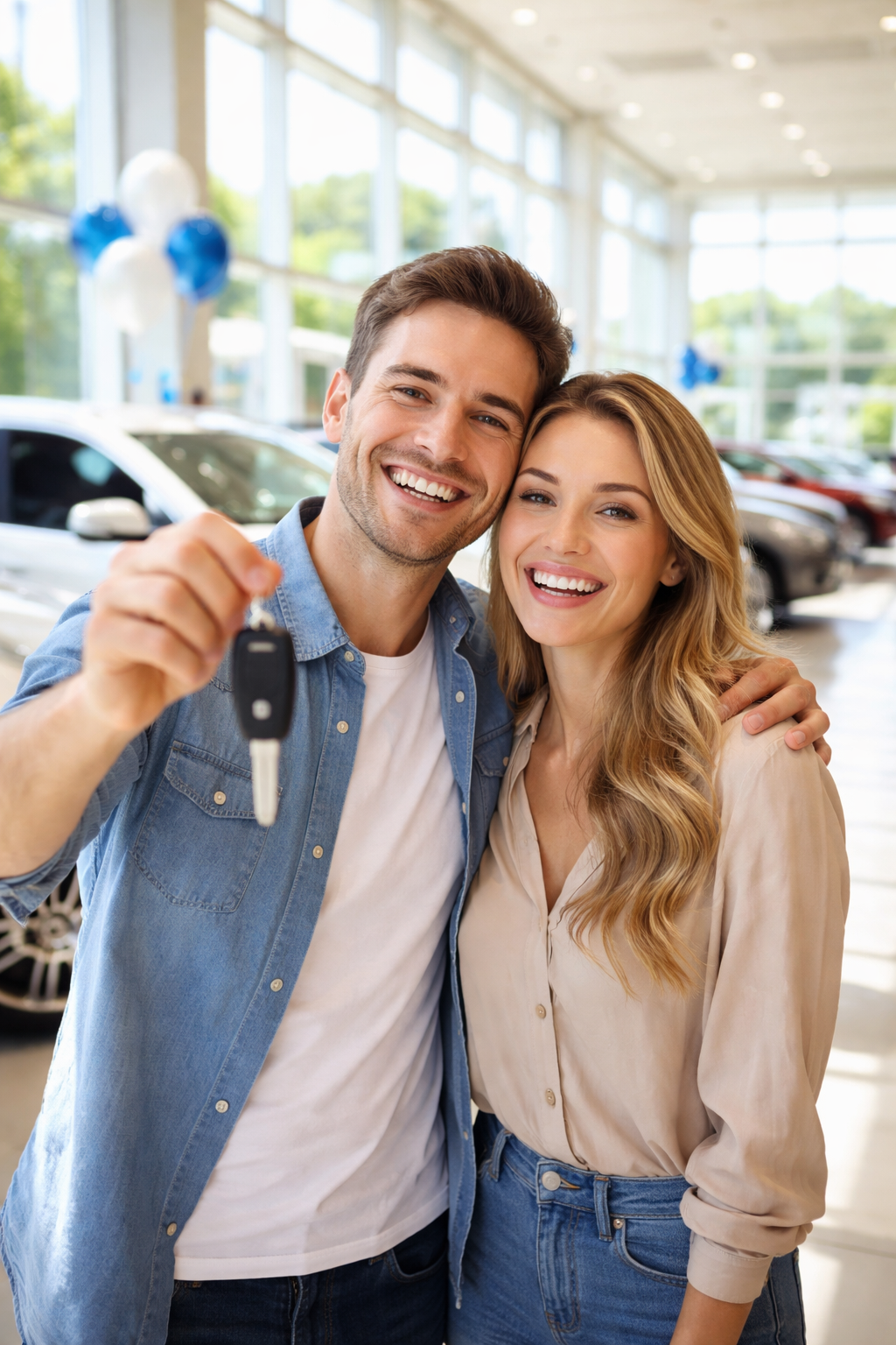 A smiling couple in a car dealership holding up a car key.