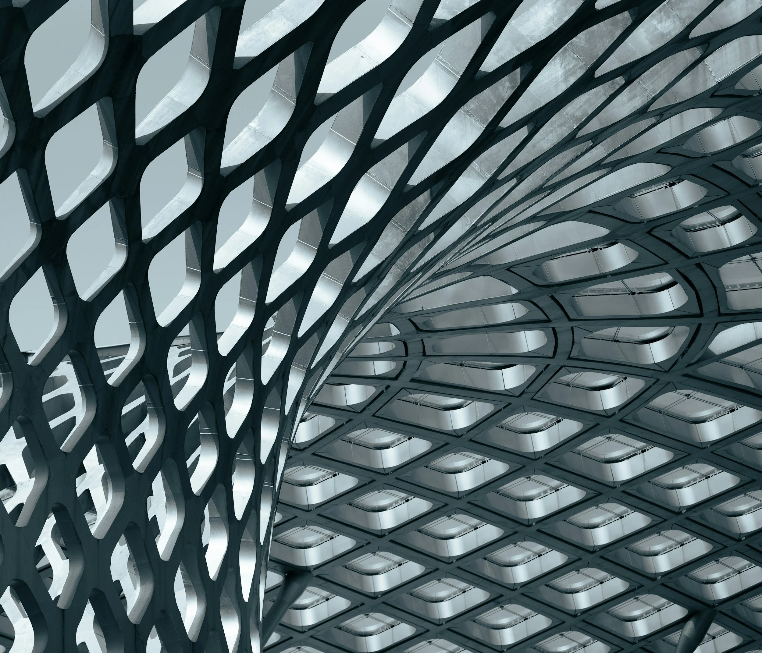 Modern building exterior with an intricate lattice-like metal facade featuring repeating wave patterns.
