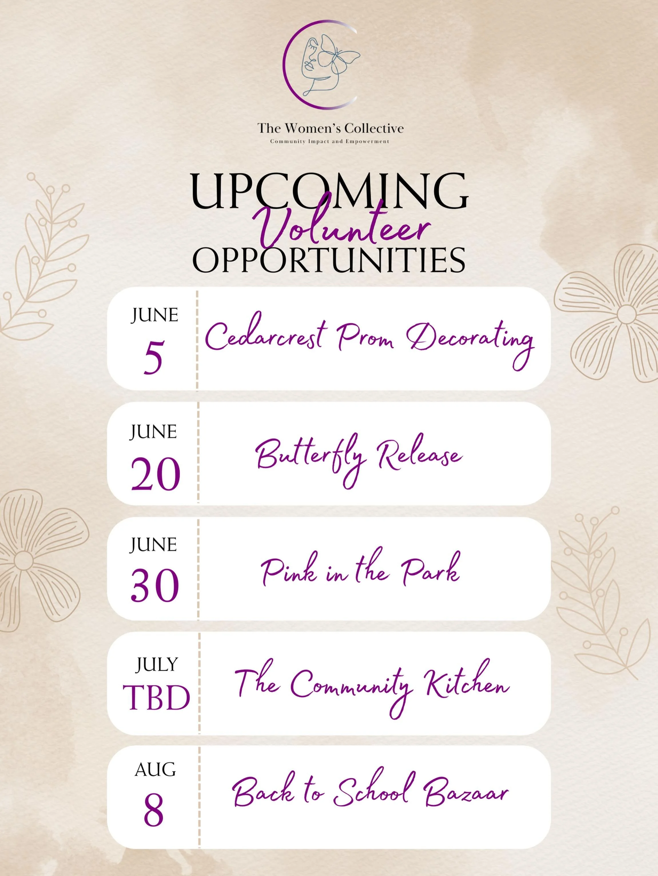 SUMMER VOLUNTEER OPPORTUNITIES are here! 🎉

&bull; Friday, June 5th: Cedarcrest Prom Decorating 
&bull; Saturday, June 20th: The HCS Butterfly Release 
&bull; Tuesday, June 30th: Pink in the Park 🩷
&bull; Thursday, July 9th: TWC Empower Hour ⭐
&bul