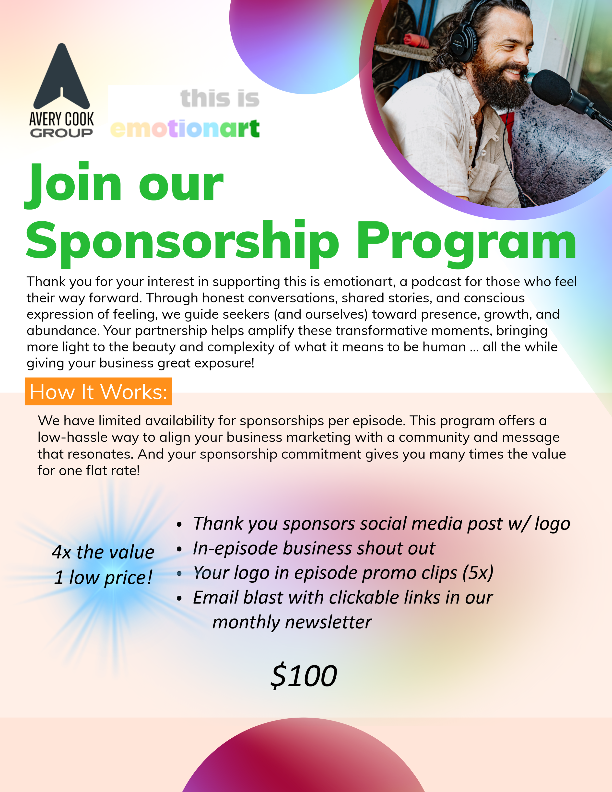 A colorful promotional flyer for a sponsorship program by Avery Cook Group, featuring a photo of a smiling man with headphones speaking into a microphone, with vibrant background design and text detailing the sponsorship benefits, features, pricing, and contact information.