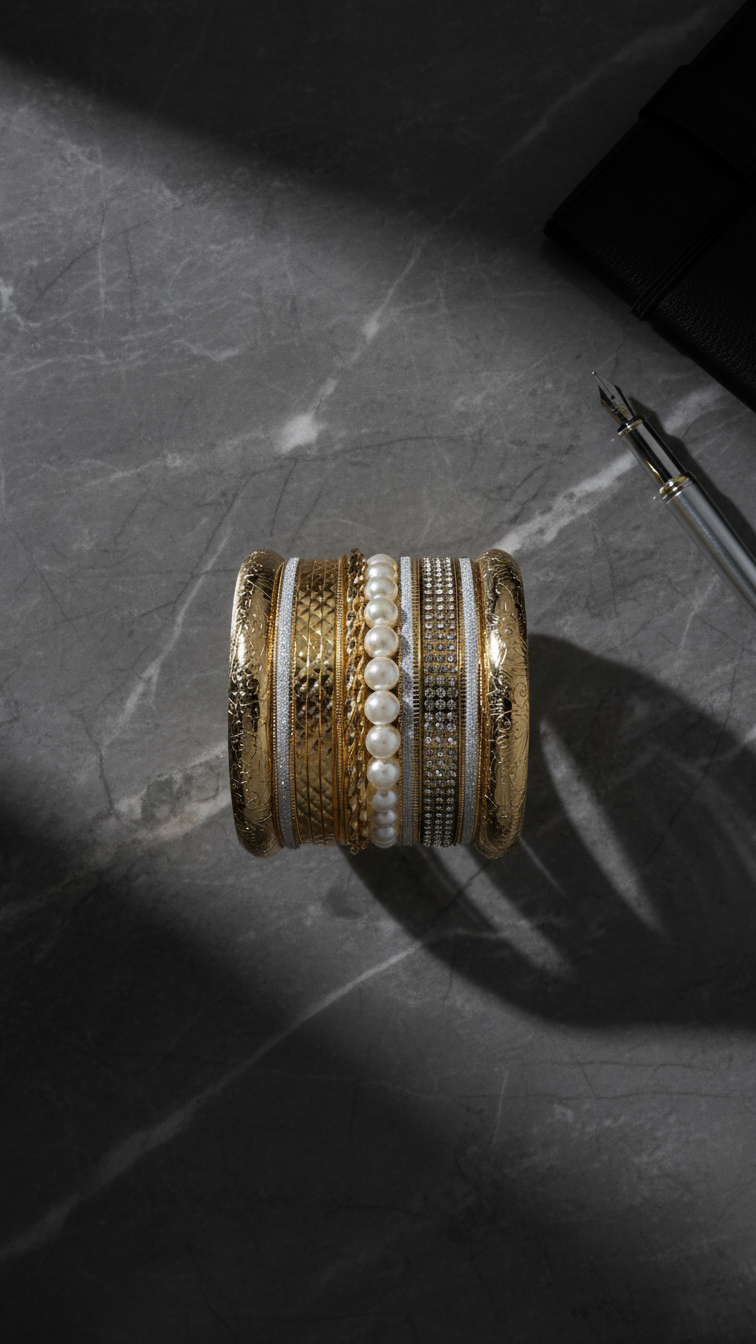 Elegance Unearthed: Crystal, Gold, and Pearl Bangle Set