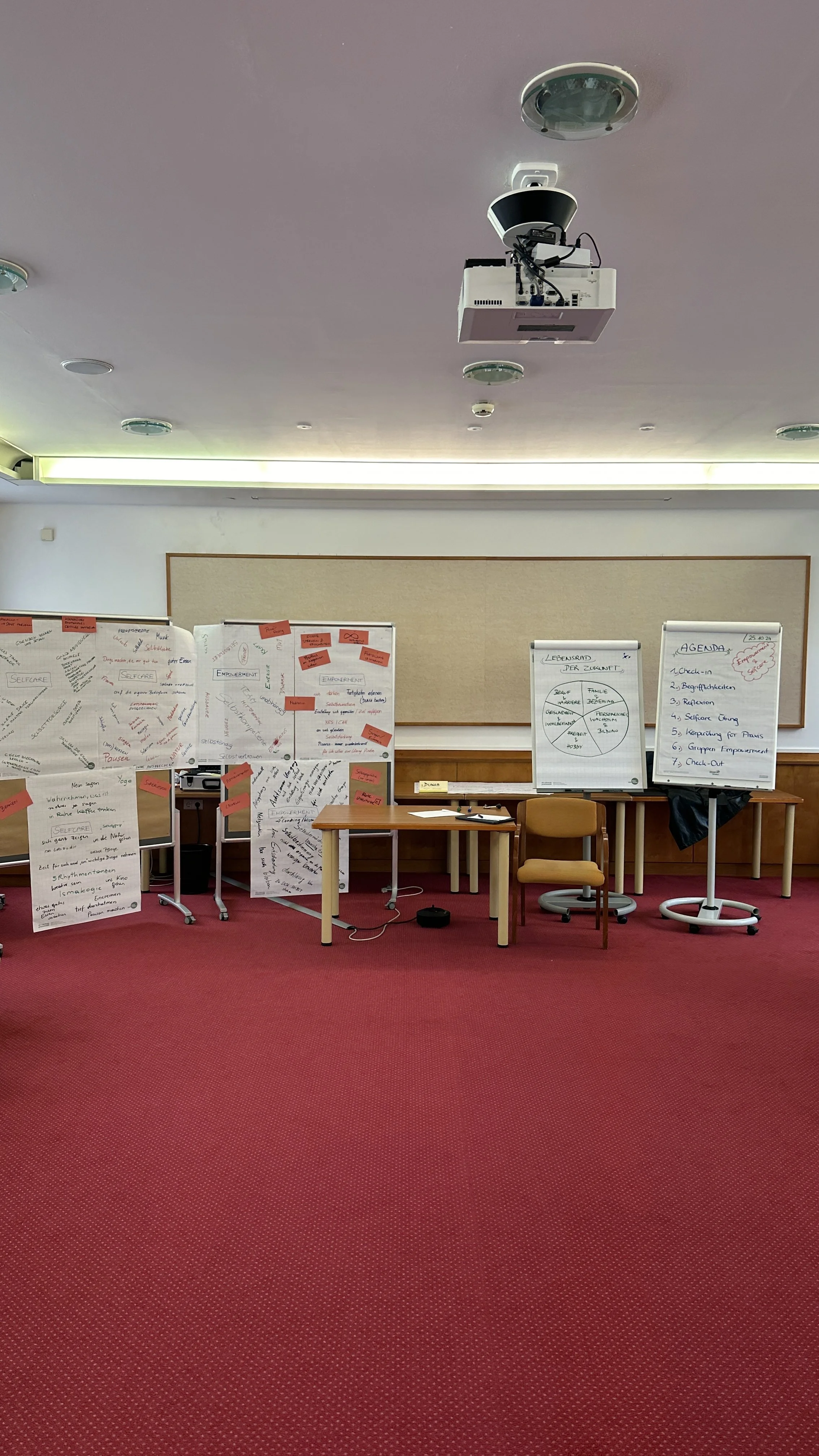 Ein Tagungs- oder Workshopraum mit Flipcharts, Whiteboards und Stühlen. Es gibt mehrere Flipcharts mit handgeschriebenen Notizen und rote Haftnotizen, sowie einen Tisch mit Stuhl davor.