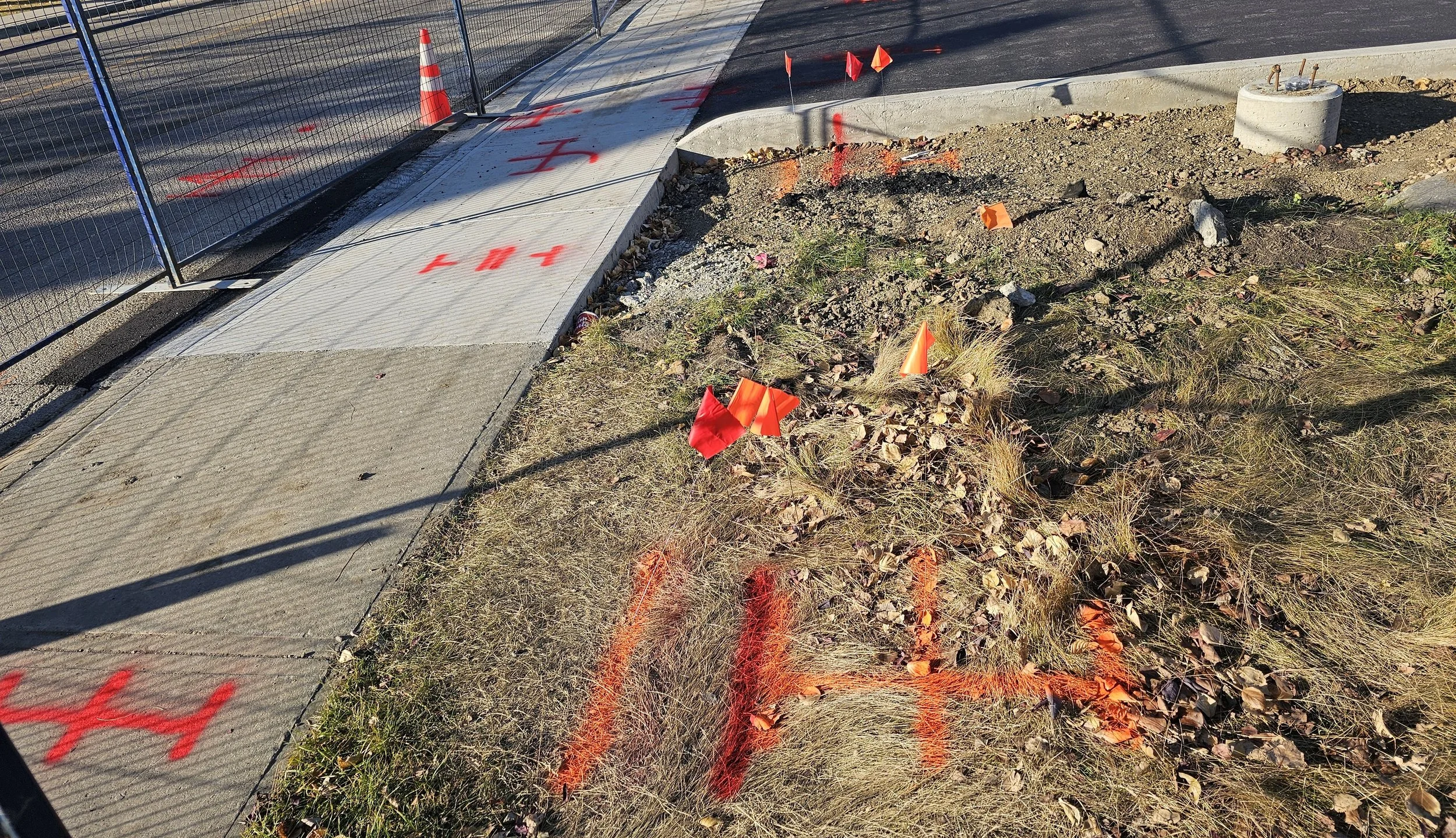 Sidewalk under construction with orange flags and secondary markings on the ground and pavement, indicated underground utilities and facilities.