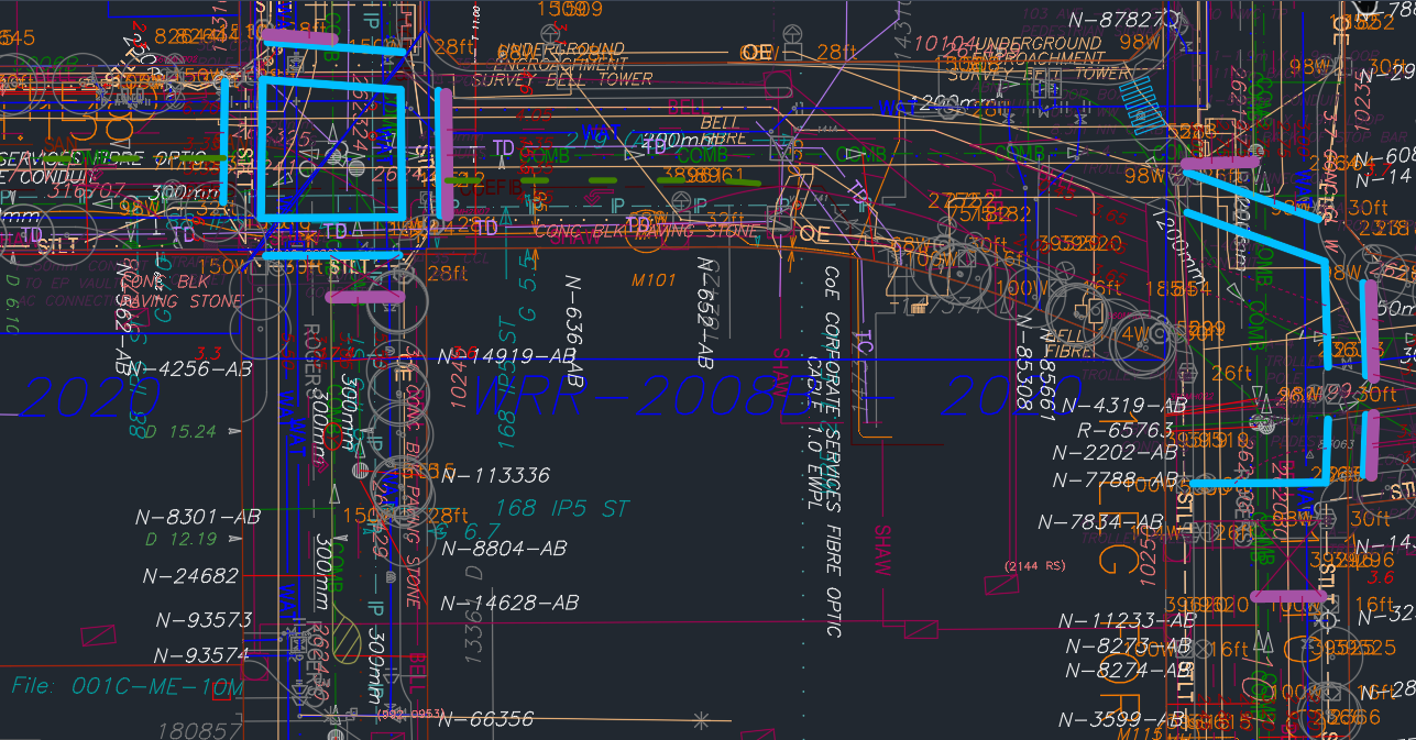 A detailed complex engineering design document of undergound facilities with various lines, measurements, and annotations.