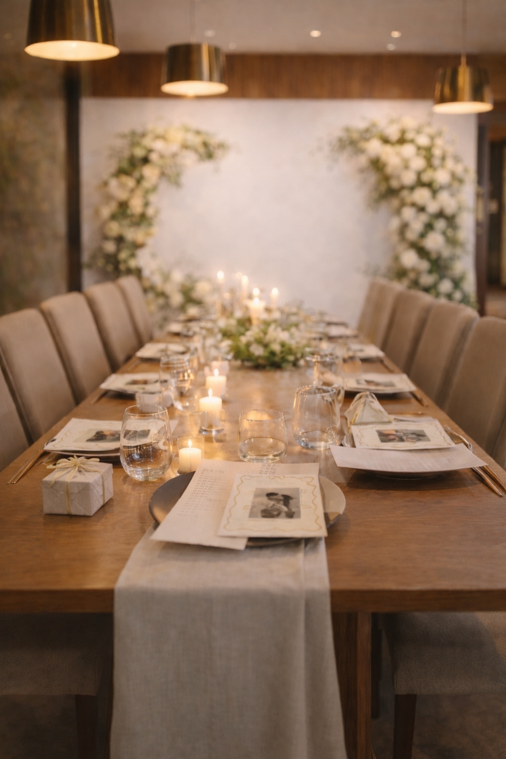 Elegant wedding reception table decorated with candles, glasses, and floral arrangements, with a backdrop of white flowers.