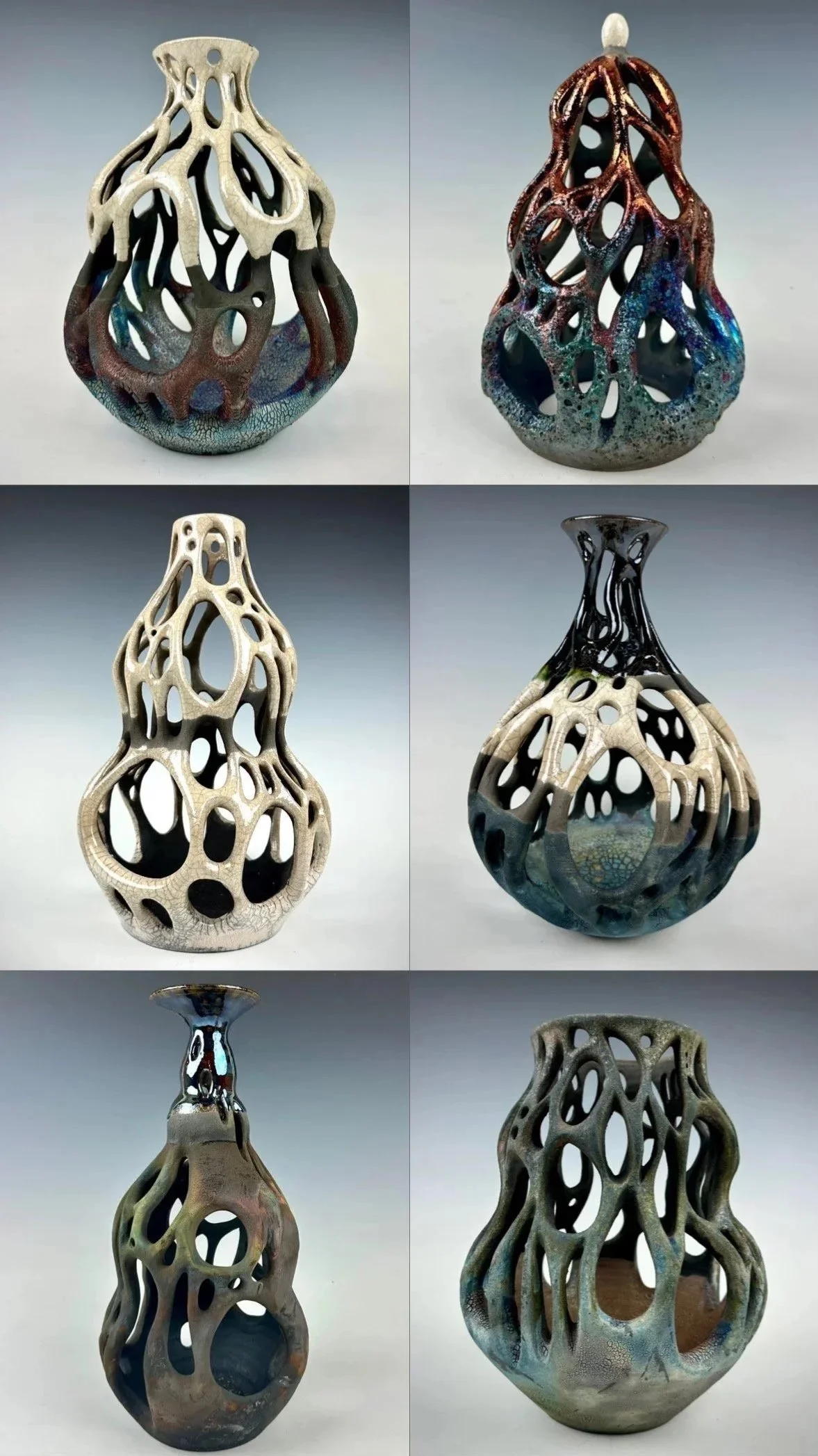 Six ceramic vases with intricate, openwork, organic structures and varying shapes and colors.