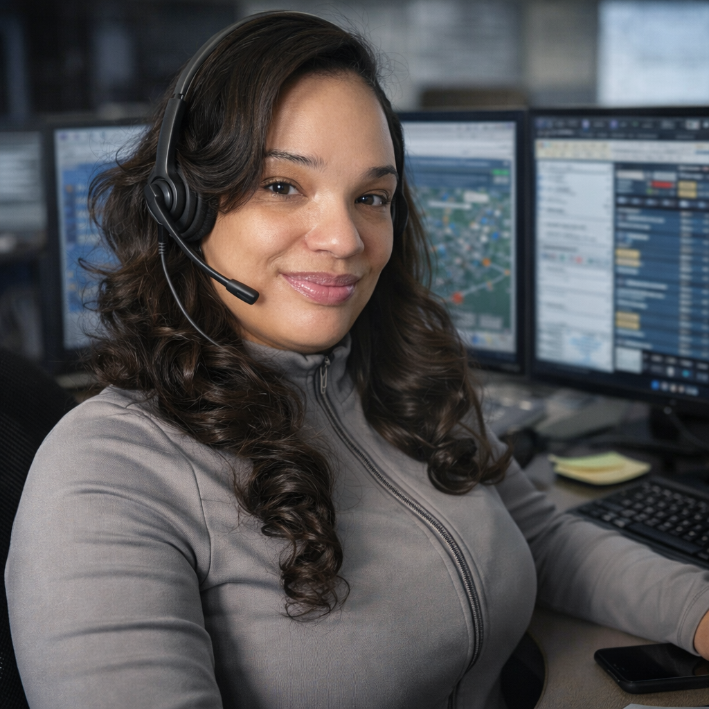 A woman with long, curly hair wearing a gray zip-up jacket and a headset, sitting at a desk with multiple monitors displaying maps, schedules, and data.