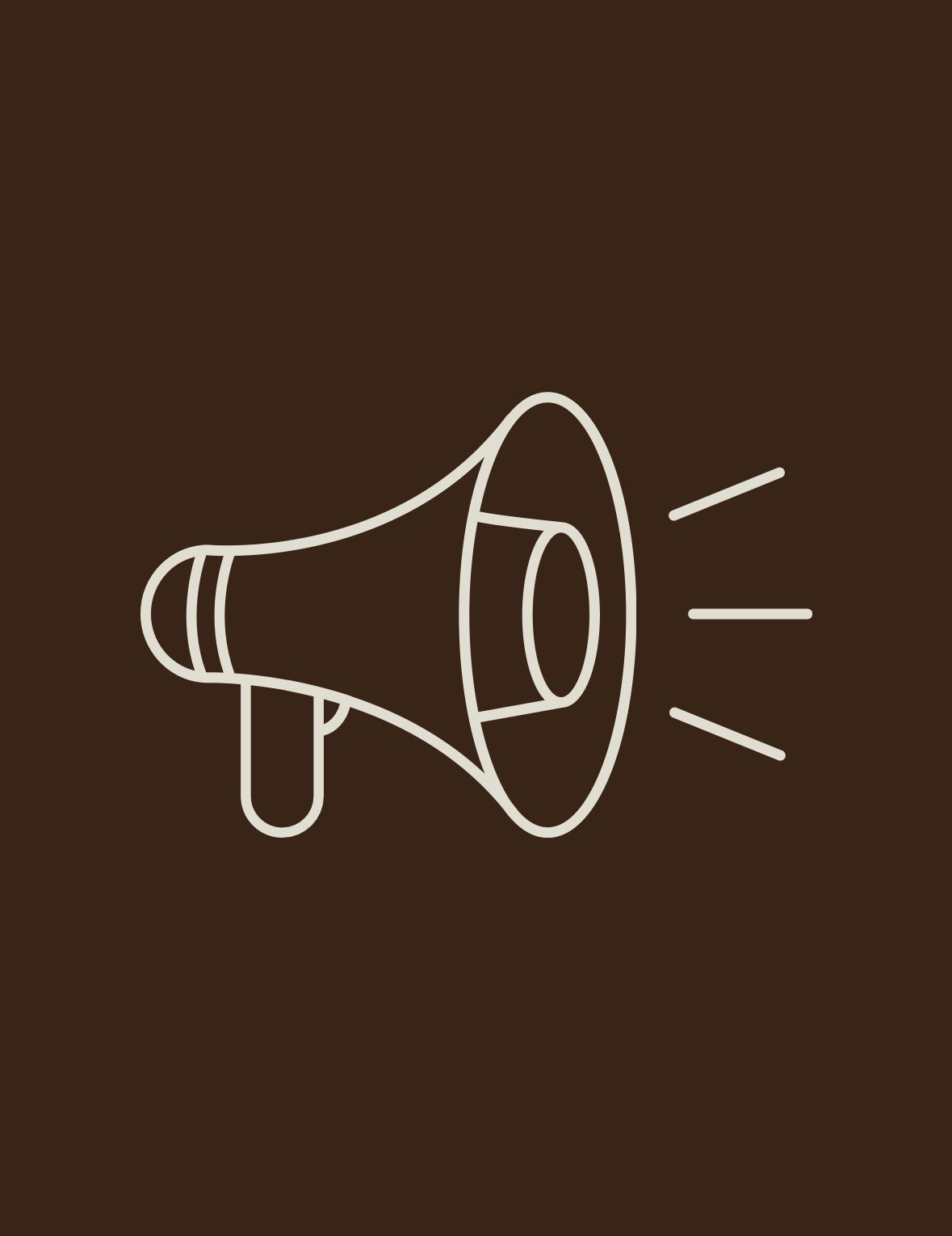 Outline of a megaphone emitting sound lines on a brown background.