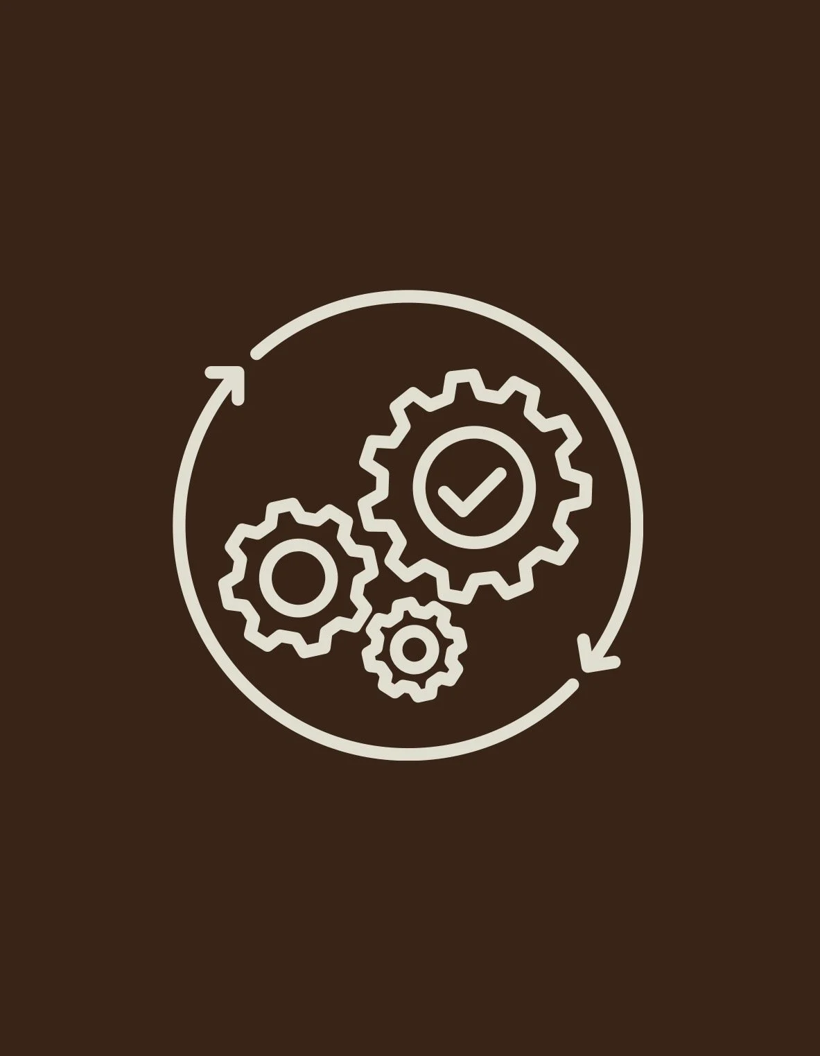 Illustration of interconnected gears with check marks, encircled by a circular arrow, representing processes or system automation.