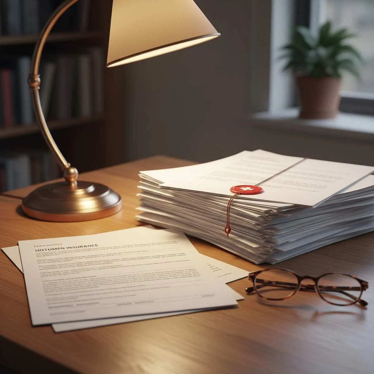 Desk with a large stack of documents tied with a red rubber band, an official-looking paper about insurance, a pair of glasses, a desk lamp, and a potted plant in the background.