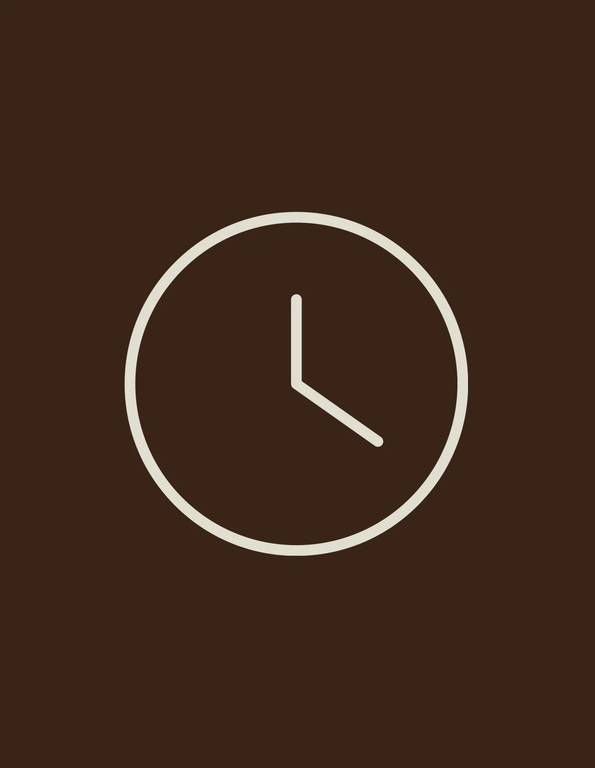 A minimalist clock with a brown background, white outline, and simple white hands showing the time.