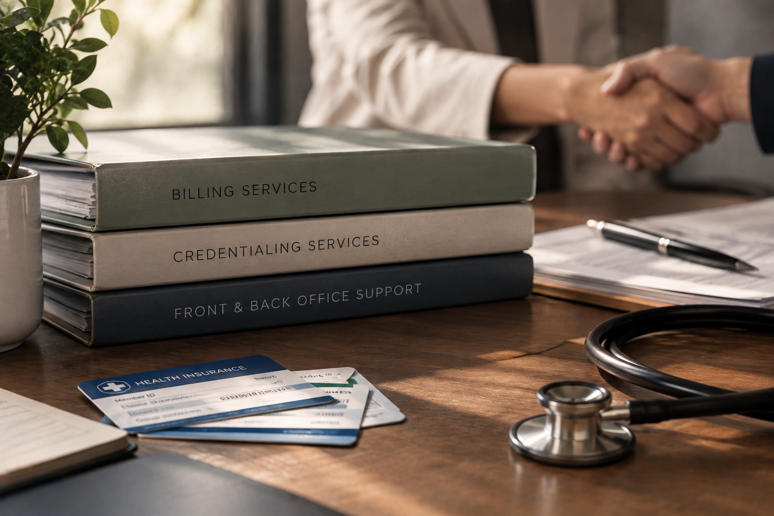 Medical office desk with stacked binders labeled billing, credentialing, and support, health insurance cards, paperwork, a pen, and a stethoscope.