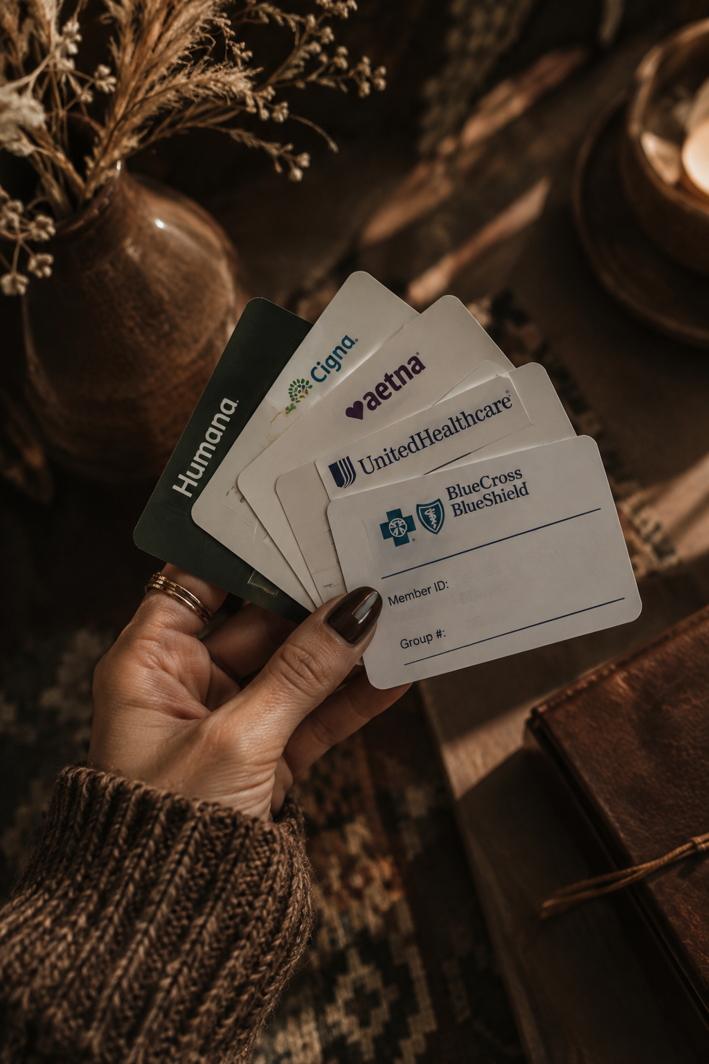 A hand holding multiple healthcare insurance cards from Humana, Cigna, Aetna, UnitedHealthcare, and BlueCross BlueShield, with a decorative vase and a candle in the background.