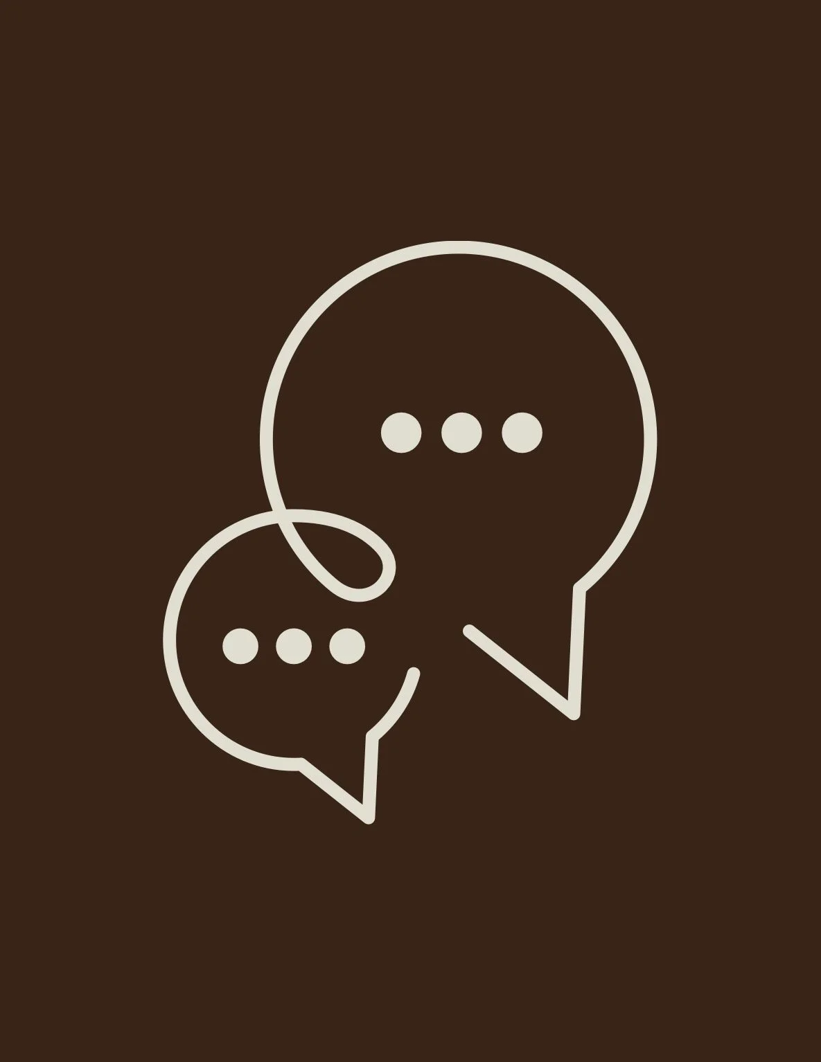Two speech bubbles outlined in white with three dots inside each, on a brown background.