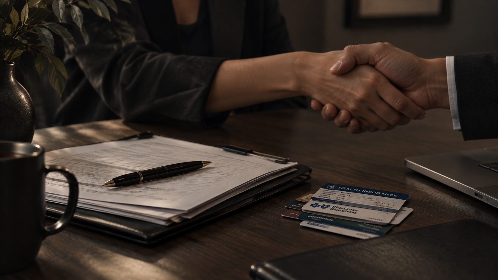 Two people shaking hands over a desk with documents, pens, and health insurance cards.