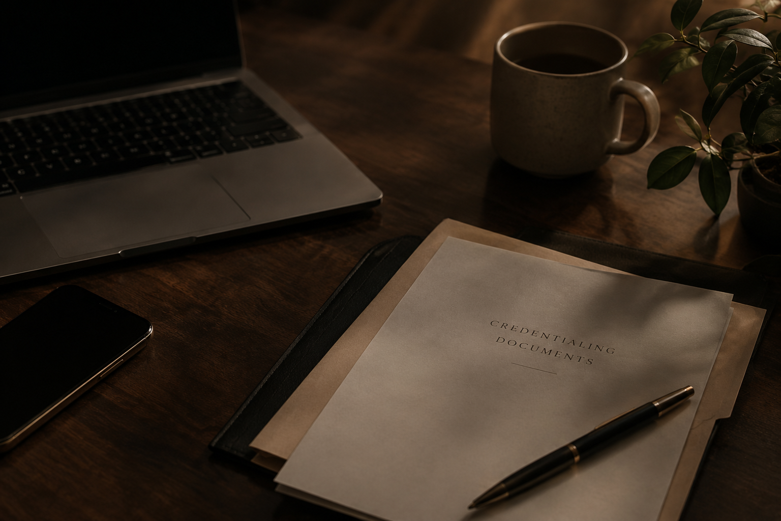 A workspace with a laptop, smartphone, credentialing documents, a pen, a coffee mug, and a potted plant on a wooden desk.