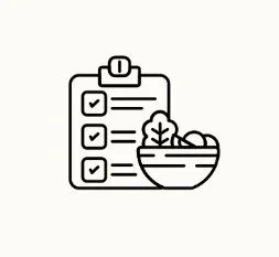 Checkliste mit drei abgehakten Punkten und eine Schüssel mit Salat oder Gemüse.