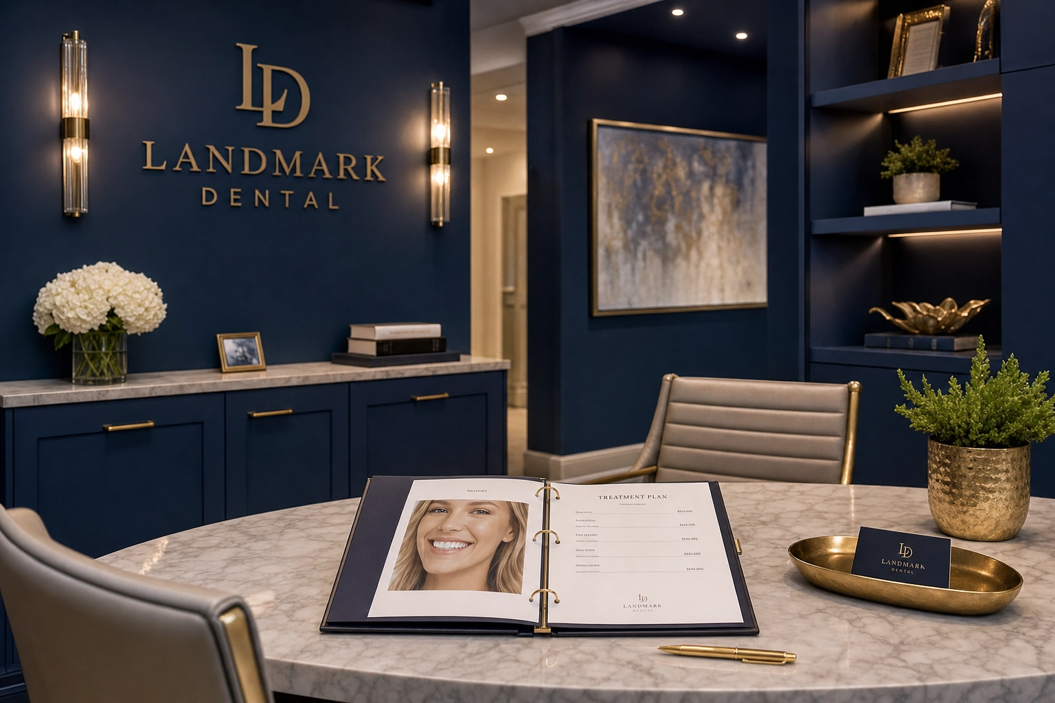 Reception area of Landmark Dental with a reception table, chairs, a treatment plan book, and decorative plants, featuring a dark blue wall and modern lighting.