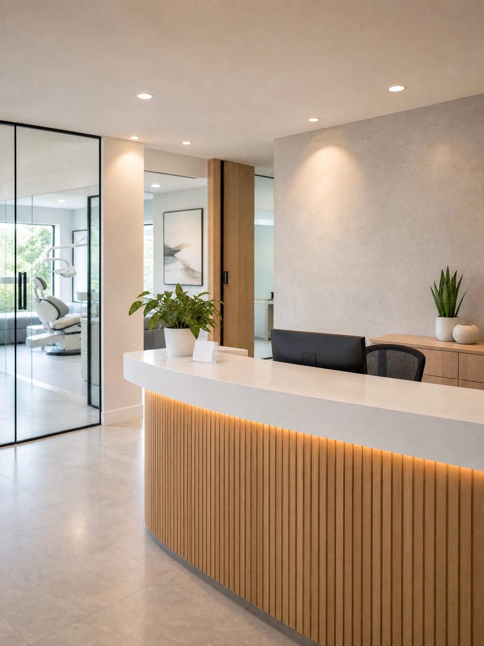 Modern reception desk with wooden paneling and a potted plant, behind it is a wall with a textured finish and to the left, a glass partition revealing a dental office with dental chairs and equipment.