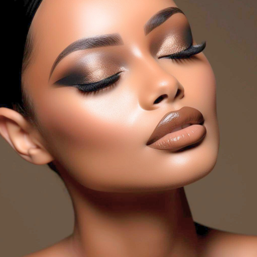 Close-up of a woman with flawless makeup, including dramatic eye makeup with glitter eyeshadow, winged eyeliner, and long lashes, and glossy nude lipstick.