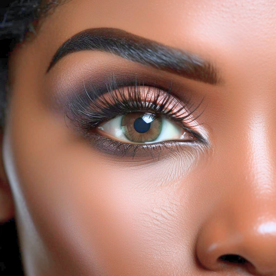 Close-up of a woman's eye with makeup, including eyeshadow, eyeliner, and long false eyelashes.