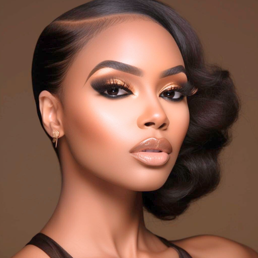 Close-up portrait of a woman with styled black hair, gold and black dramatic eye makeup, nude lipstick, and gold earrings, against a brown background.