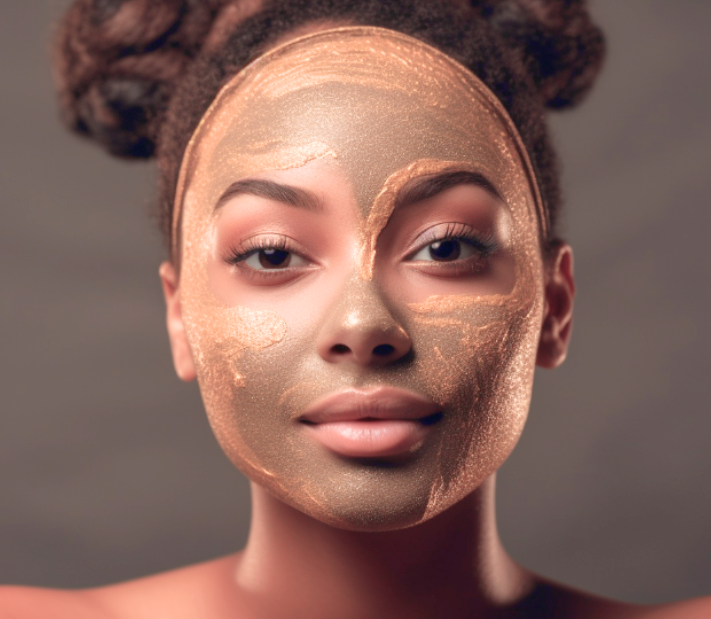 A woman with a gold facial mask and natural makeup on her face, with her hair styled in braids.