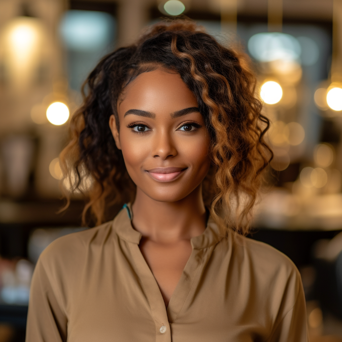 A young woman with curly brown hair and a friendly smile poses in a professional setting with warm lighting and blurred background.