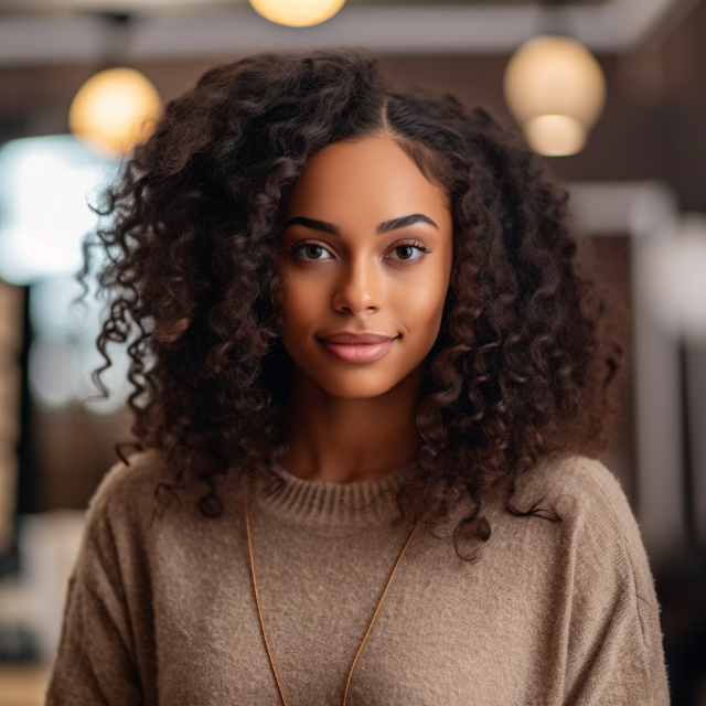 A young woman with curly hair and a warm smile, wearing a beige sweater and a necklace, in an indoor setting with blurred warm lighting in the background.