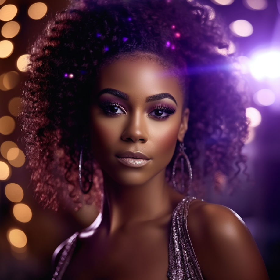 A young woman with dark skin and curly hair, wearing makeup and hoop earrings, in a glamorous setting with bokeh lights and purple lighting.