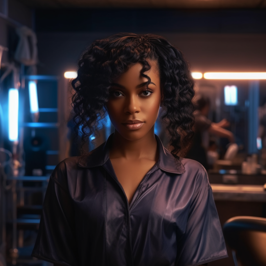 A young woman with curly black hair and brown skin, wearing a shiny black shirt, looking directly at the camera in a dimly lit salon or studio.