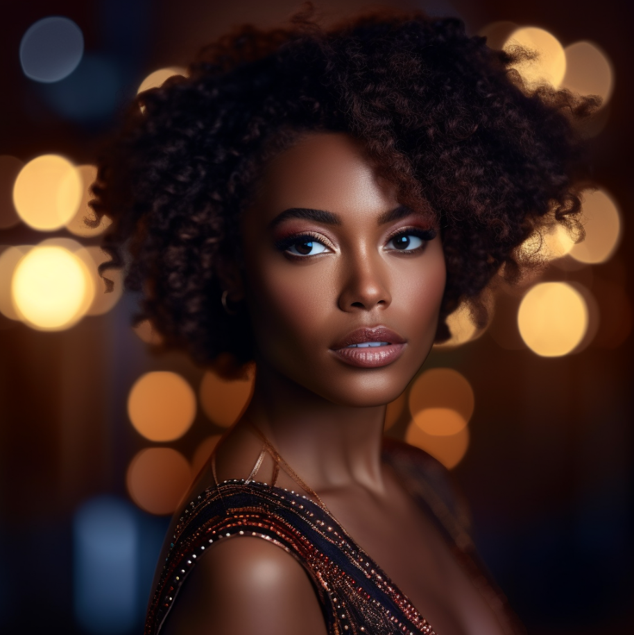 A portrait of a woman with curly hair and makeup, set against a background of blurred lights.