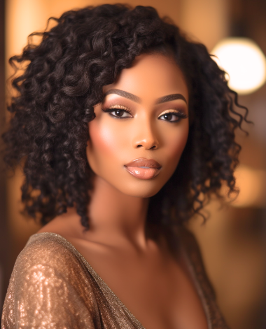 A portrait of a young woman with dark, curly hair, wearing makeup, and dressed in a shimmery gold top, in an indoor setting with warm lighting.